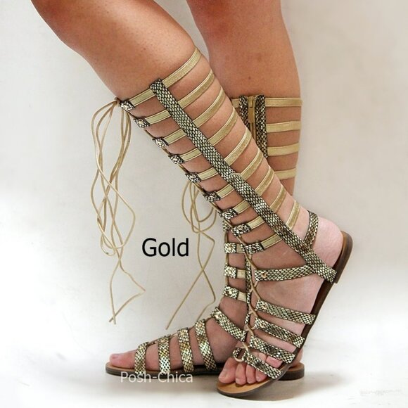 New Gold Lace Up Knee High Tall Gladiators Sandals - Picture 1 of 3